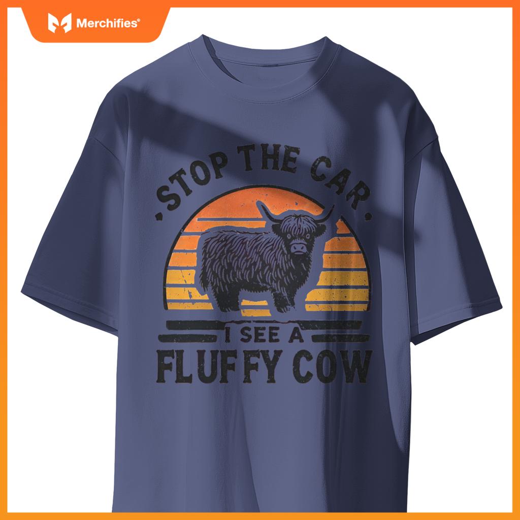 Stop The Car I See Fluffy Cow Retro Highland Cow Lover Funny T-Shirt