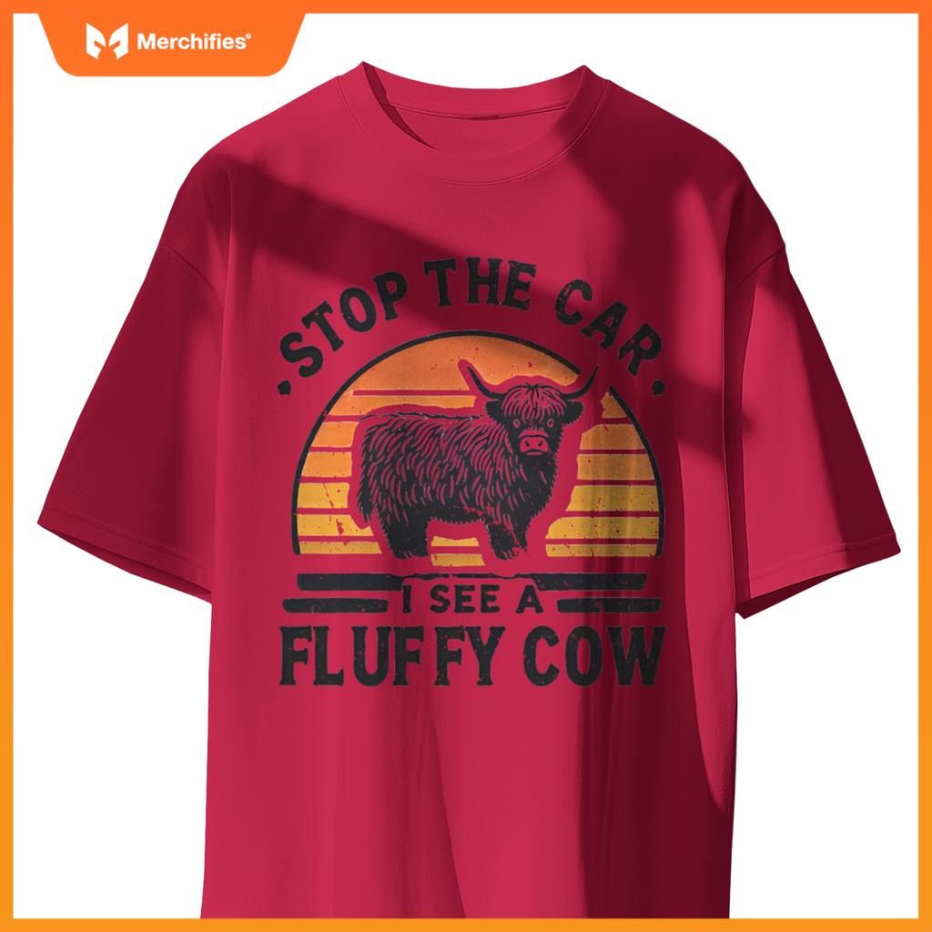 Stop The Car I See Fluffy Cow Retro Highland Cow Lover Funny T-Shirt
