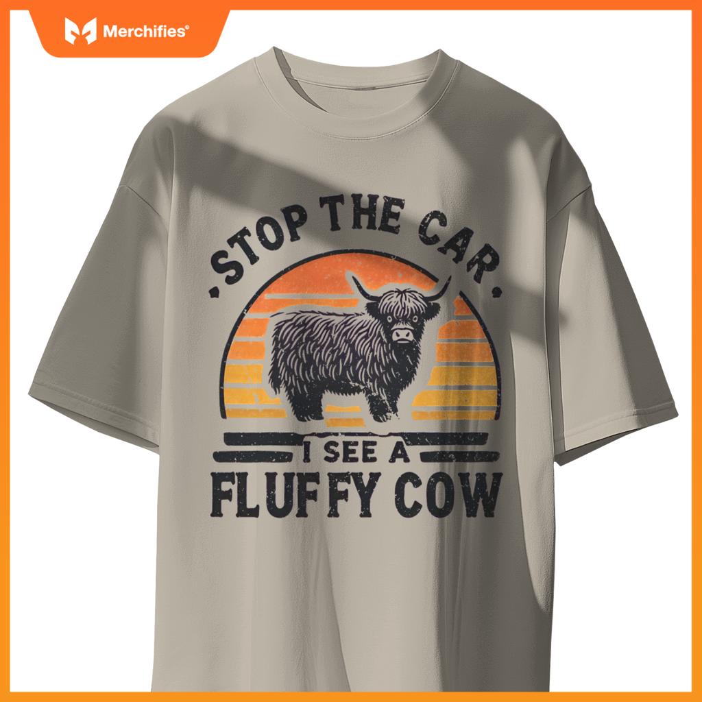 Stop The Car I See Fluffy Cow Retro Highland Cow Lover Funny T-Shirt