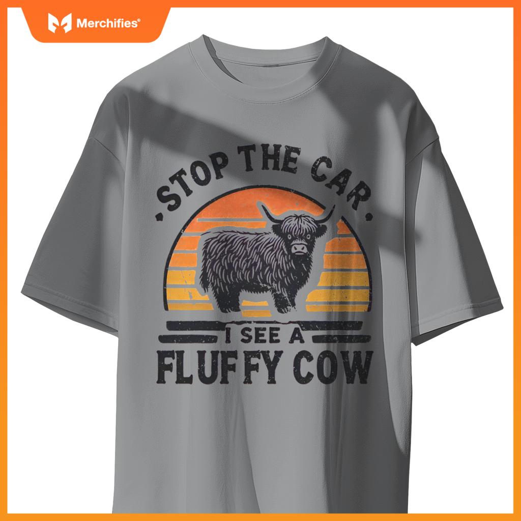 Stop The Car I See Fluffy Cow Retro Highland Cow Lover Funny T-Shirt