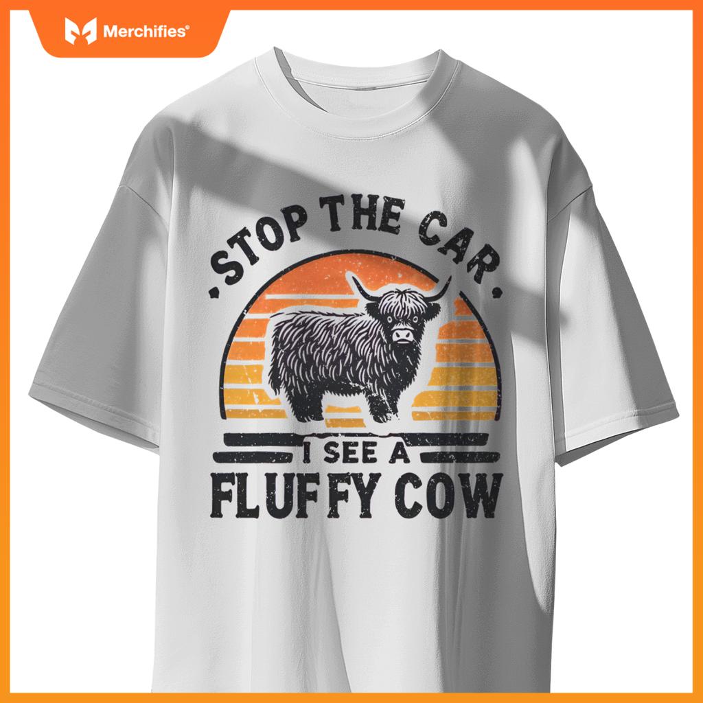 Stop The Car I See Fluffy Cow Retro Highland Cow Lover Funny T-Shirt