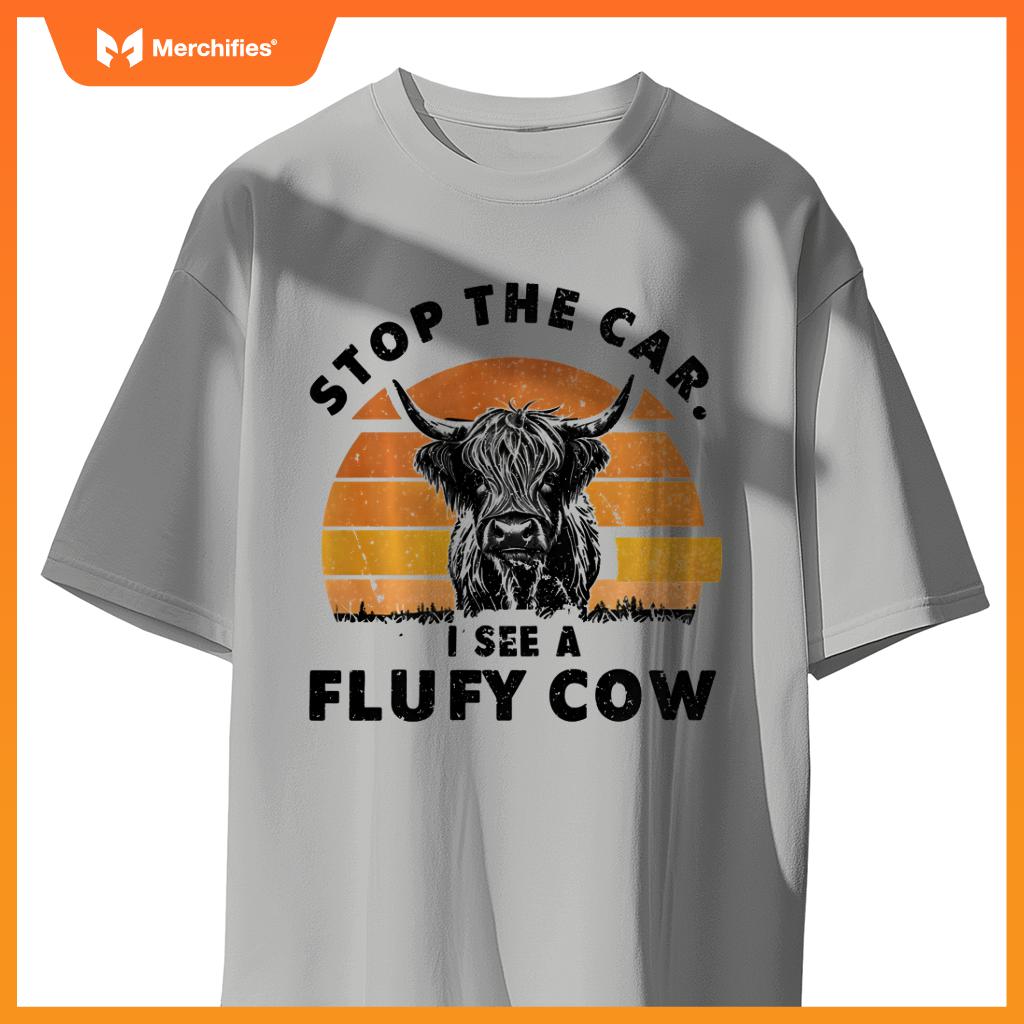 Stop The Car I See Fluffy Cow Retro Highland Cow Lover T-Shirt