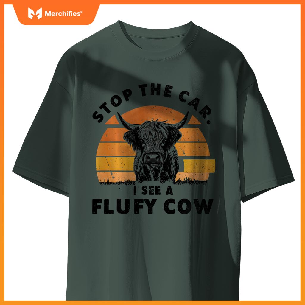 Stop The Car I See Fluffy Cow Retro Highland Cow Lover T-Shirt