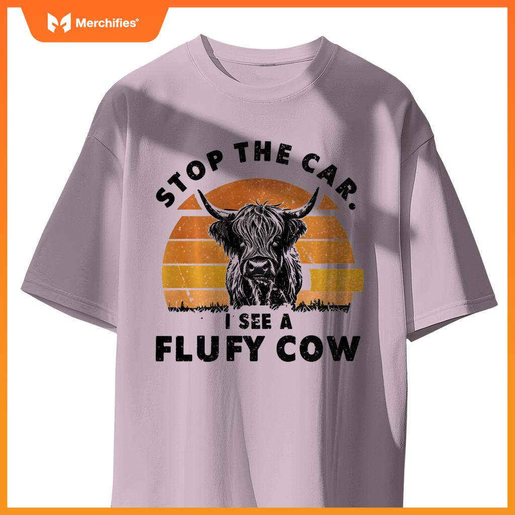 Stop The Car I See Fluffy Cow Retro Highland Cow Lover T-Shirt