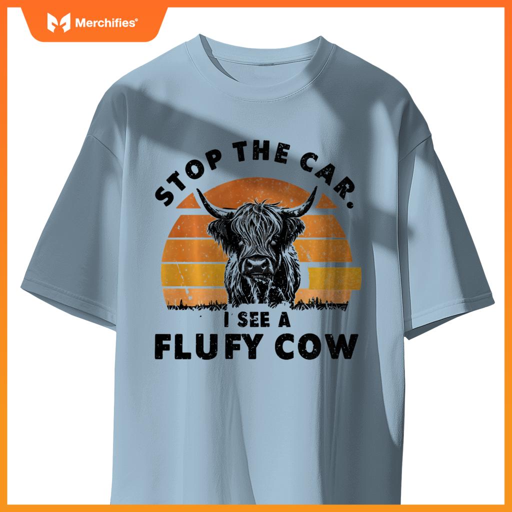 Stop The Car I See Fluffy Cow Retro Highland Cow Lover T-Shirt