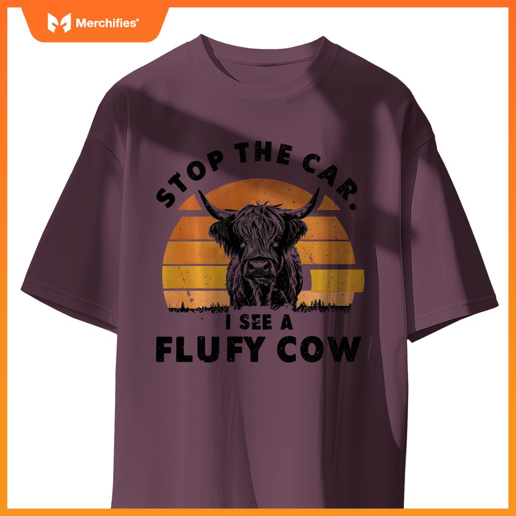 Stop The Car I See Fluffy Cow Retro Highland Cow Lover T-Shirt