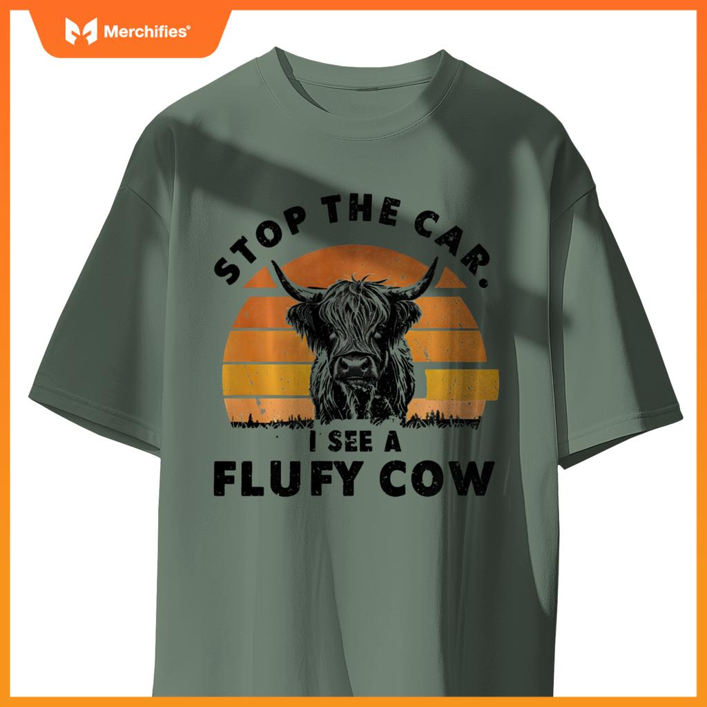 Stop The Car I See Fluffy Cow Retro Highland Cow Lover T-Shirt