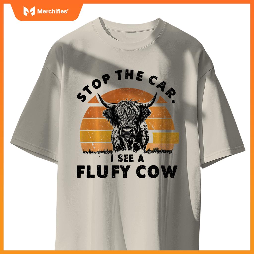 Stop The Car I See Fluffy Cow Retro Highland Cow Lover T-Shirt