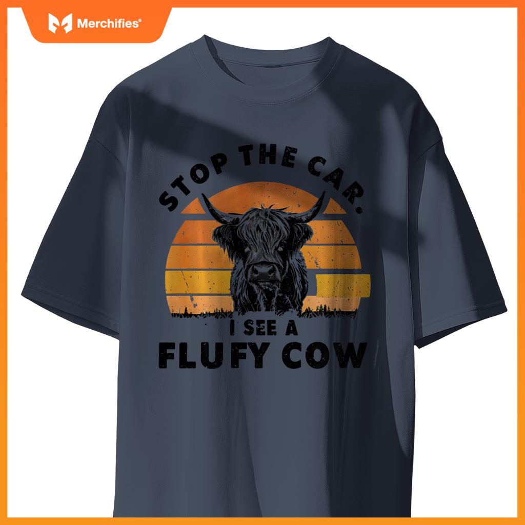Stop The Car I See Fluffy Cow Retro Highland Cow Lover T-Shirt