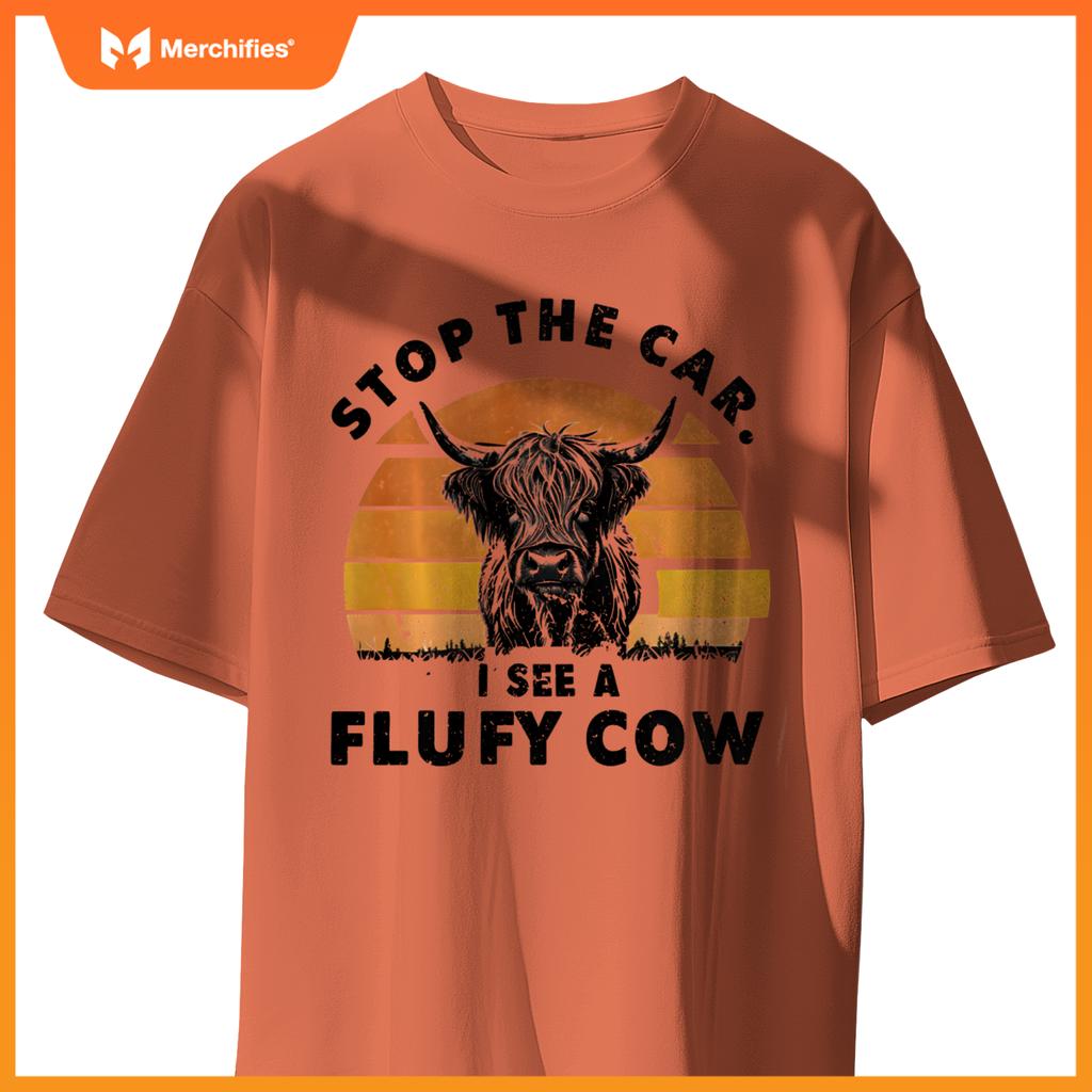 Stop The Car I See Fluffy Cow Retro Highland Cow Lover T-Shirt