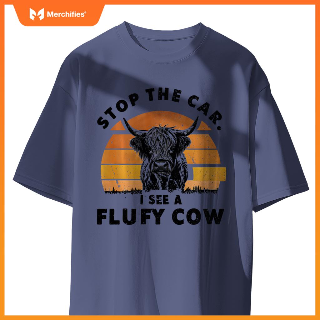 Stop The Car I See Fluffy Cow Retro Highland Cow Lover T-Shirt