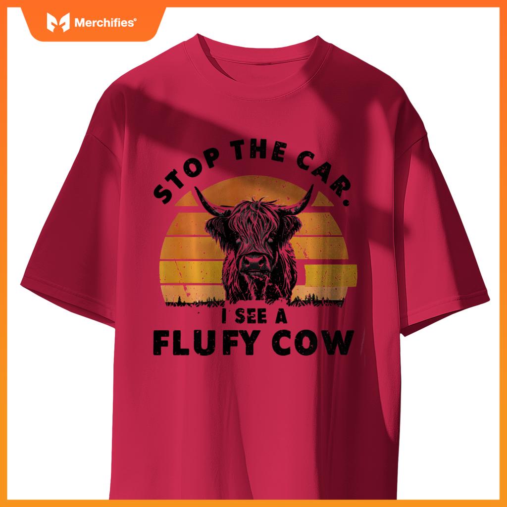 Stop The Car I See Fluffy Cow Retro Highland Cow Lover T-Shirt