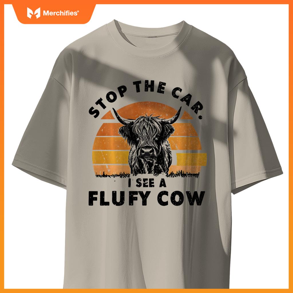 Stop The Car I See Fluffy Cow Retro Highland Cow Lover T-Shirt