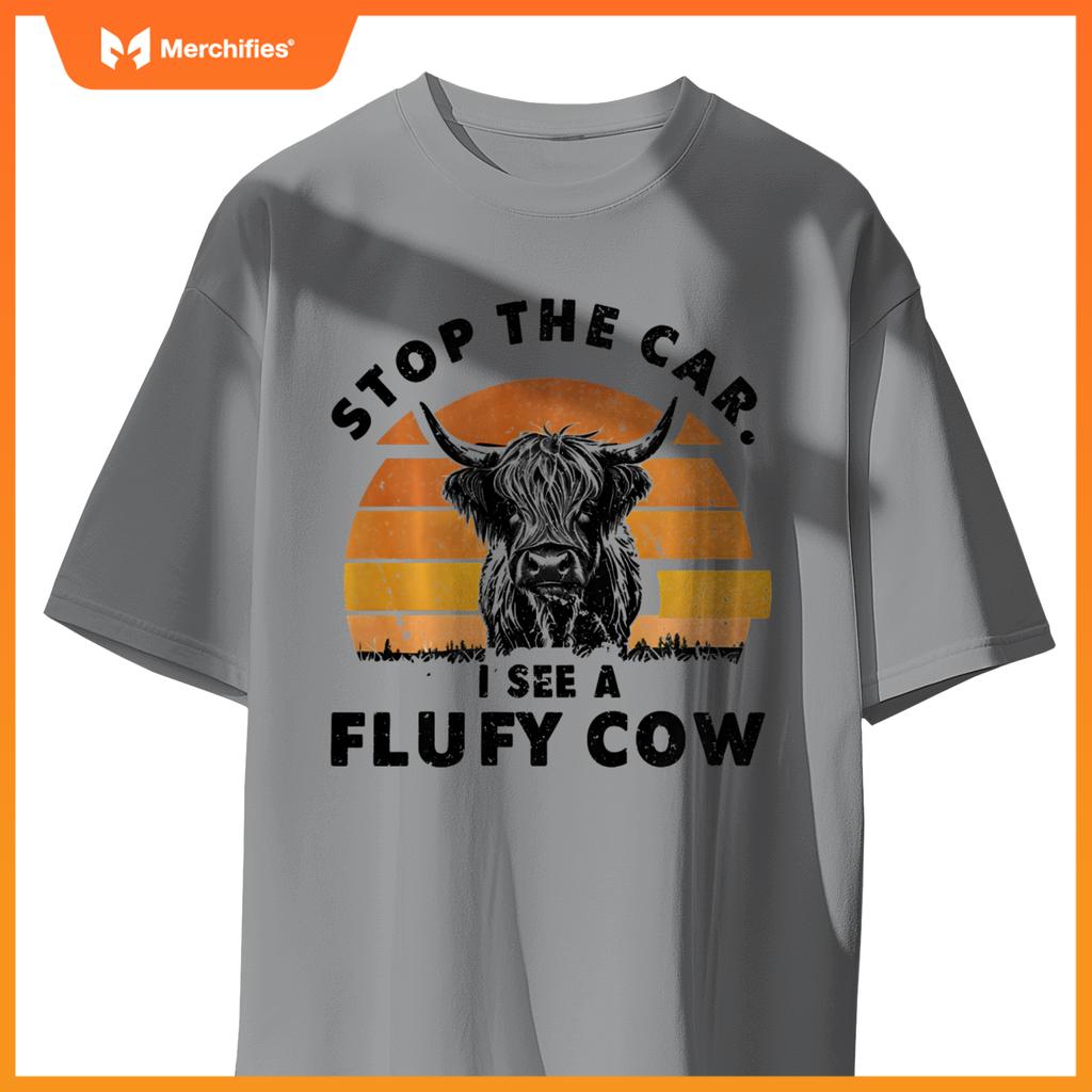 Stop The Car I See Fluffy Cow Retro Highland Cow Lover T-Shirt