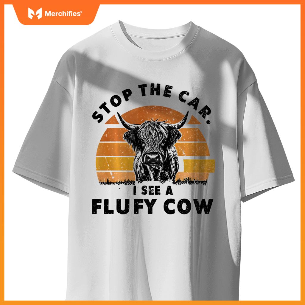 Stop The Car I See Fluffy Cow Retro Highland Cow Lover T-Shirt