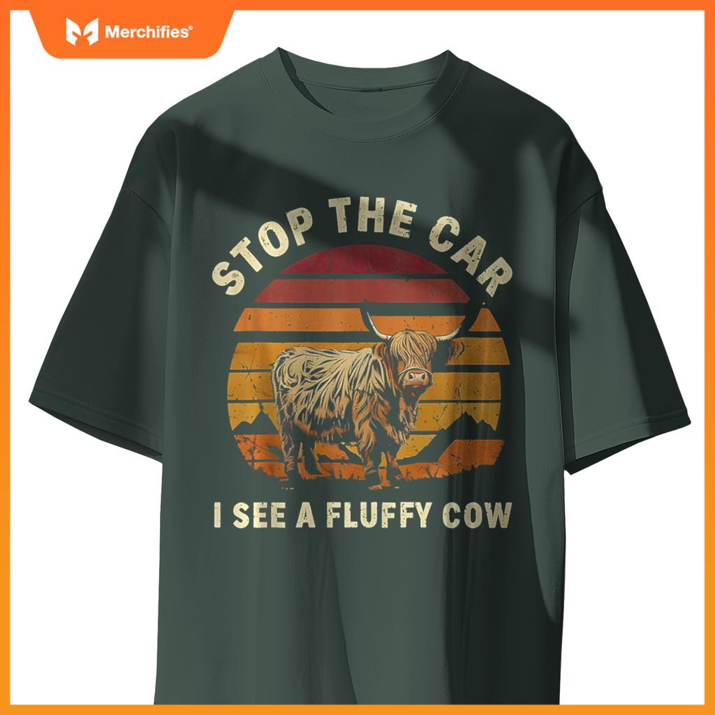 Stop The Car I See Fluffy Cow Retro Highland Cow Lover T-Shirt