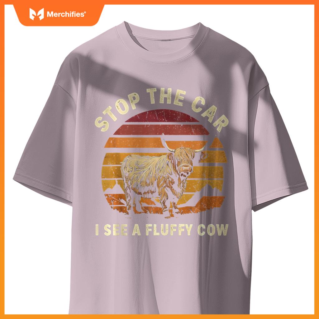 Stop The Car I See Fluffy Cow Retro Highland Cow Lover T-Shirt