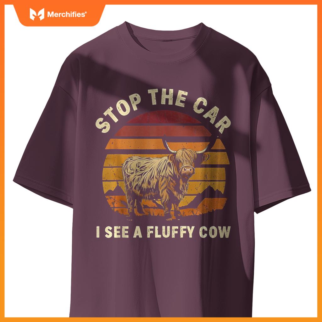 Stop The Car I See Fluffy Cow Retro Highland Cow Lover T-Shirt