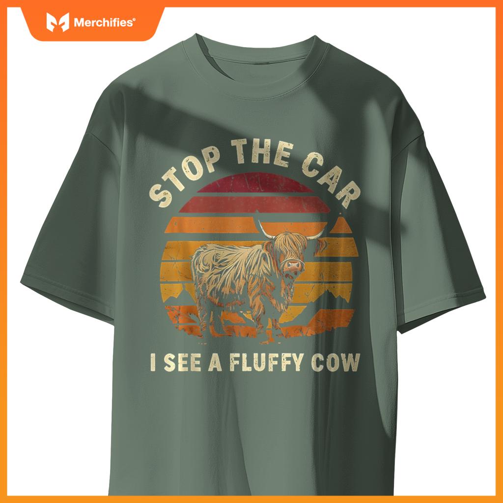 Stop The Car I See Fluffy Cow Retro Highland Cow Lover T-Shirt