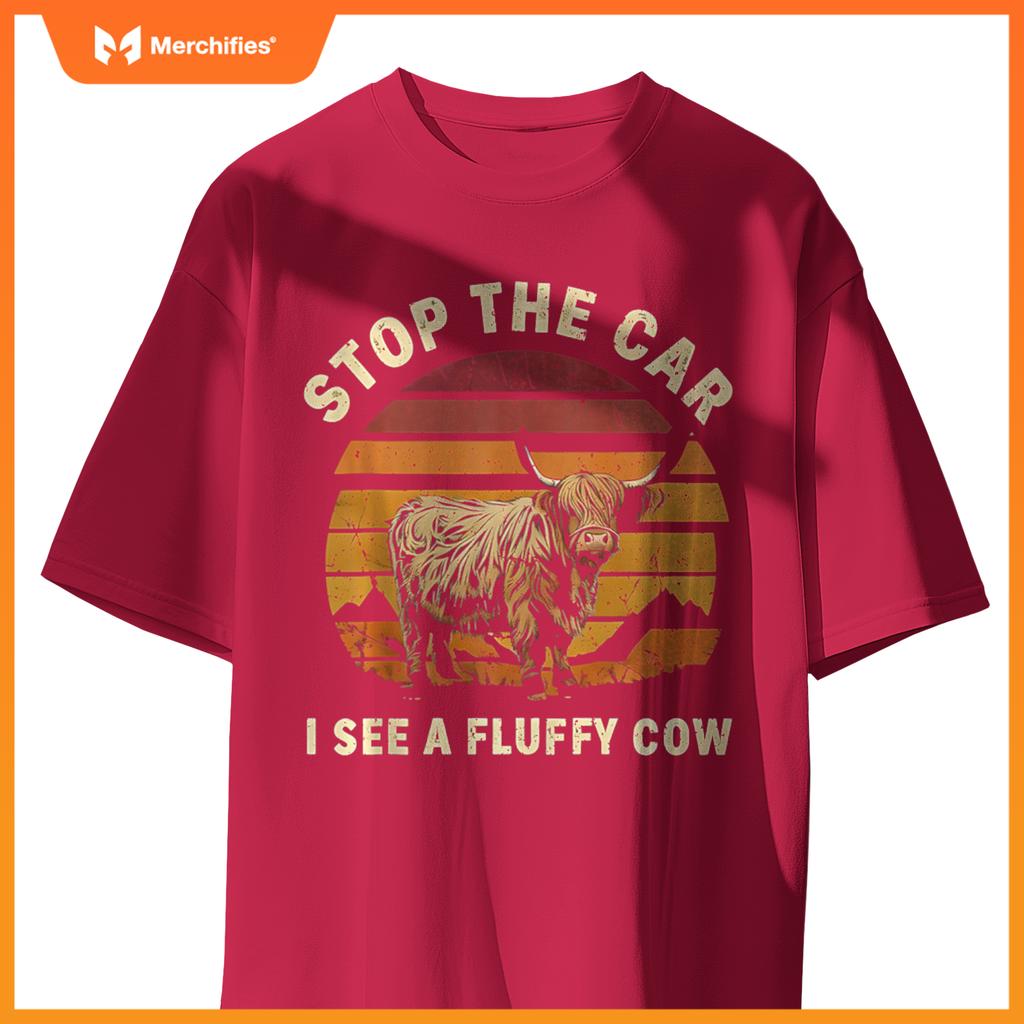 Stop The Car I See Fluffy Cow Retro Highland Cow Lover T-Shirt
