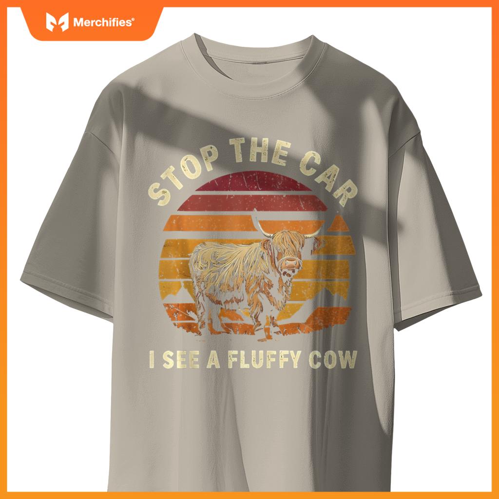 Stop The Car I See Fluffy Cow Retro Highland Cow Lover T-Shirt