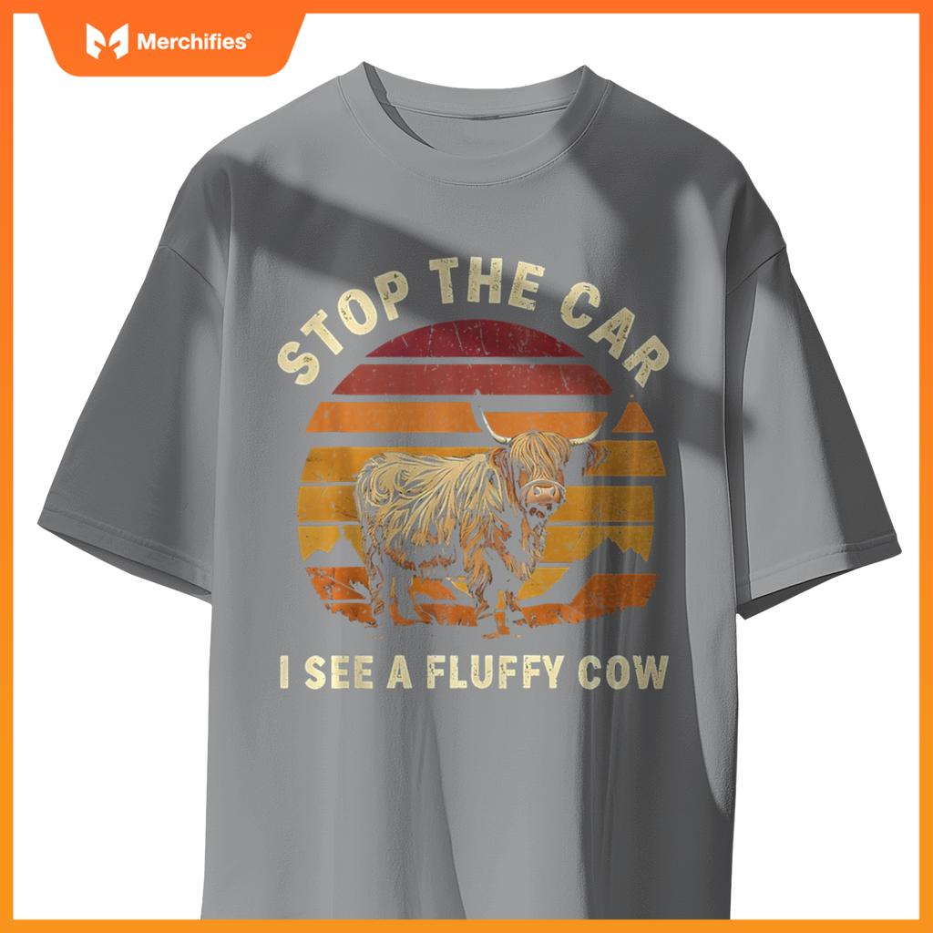 Stop The Car I See Fluffy Cow Retro Highland Cow Lover T-Shirt