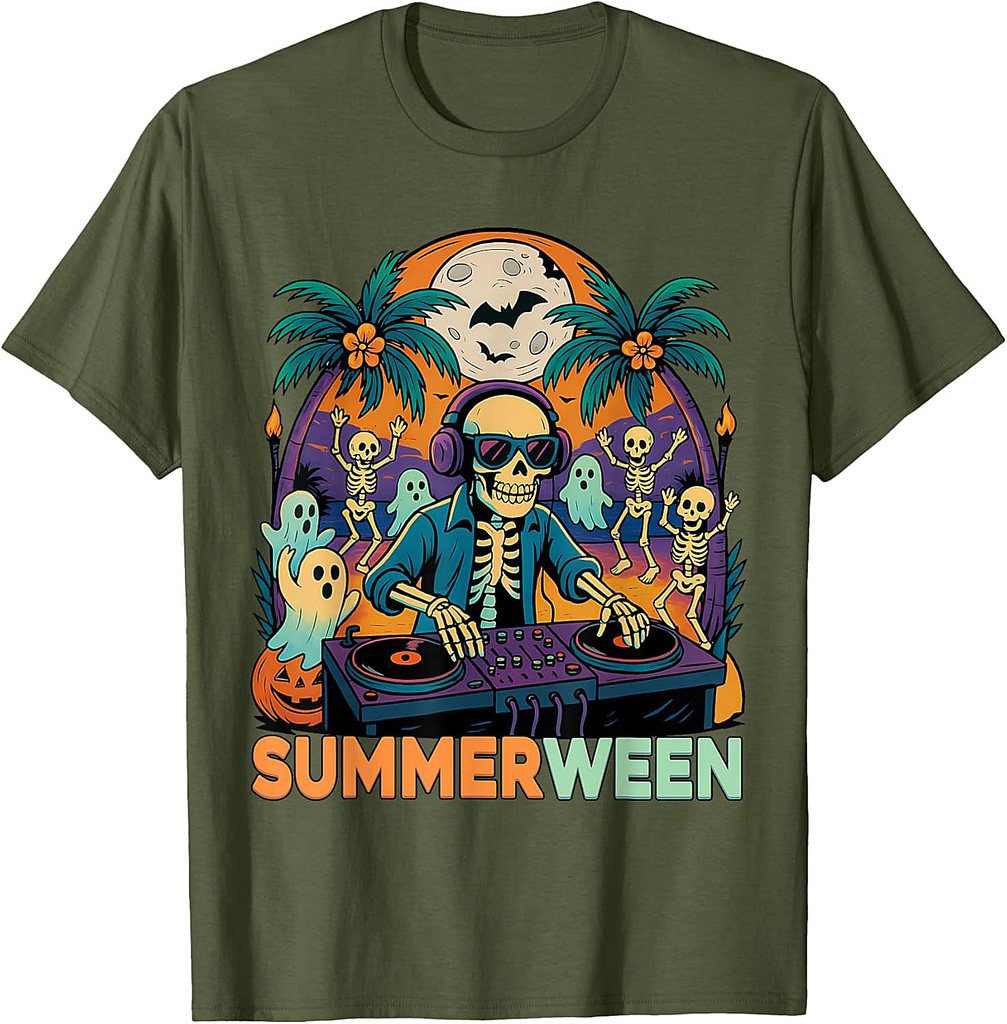 Summerween DJ Skeleton Beach Party Halloween Music Vibes T-Shirt
