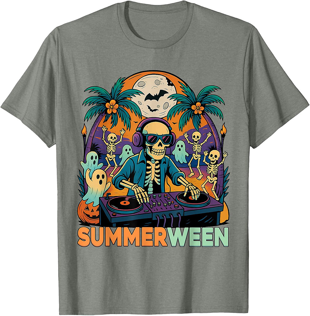 Summerween DJ Skeleton Beach Party Halloween Music Vibes T-Shirt