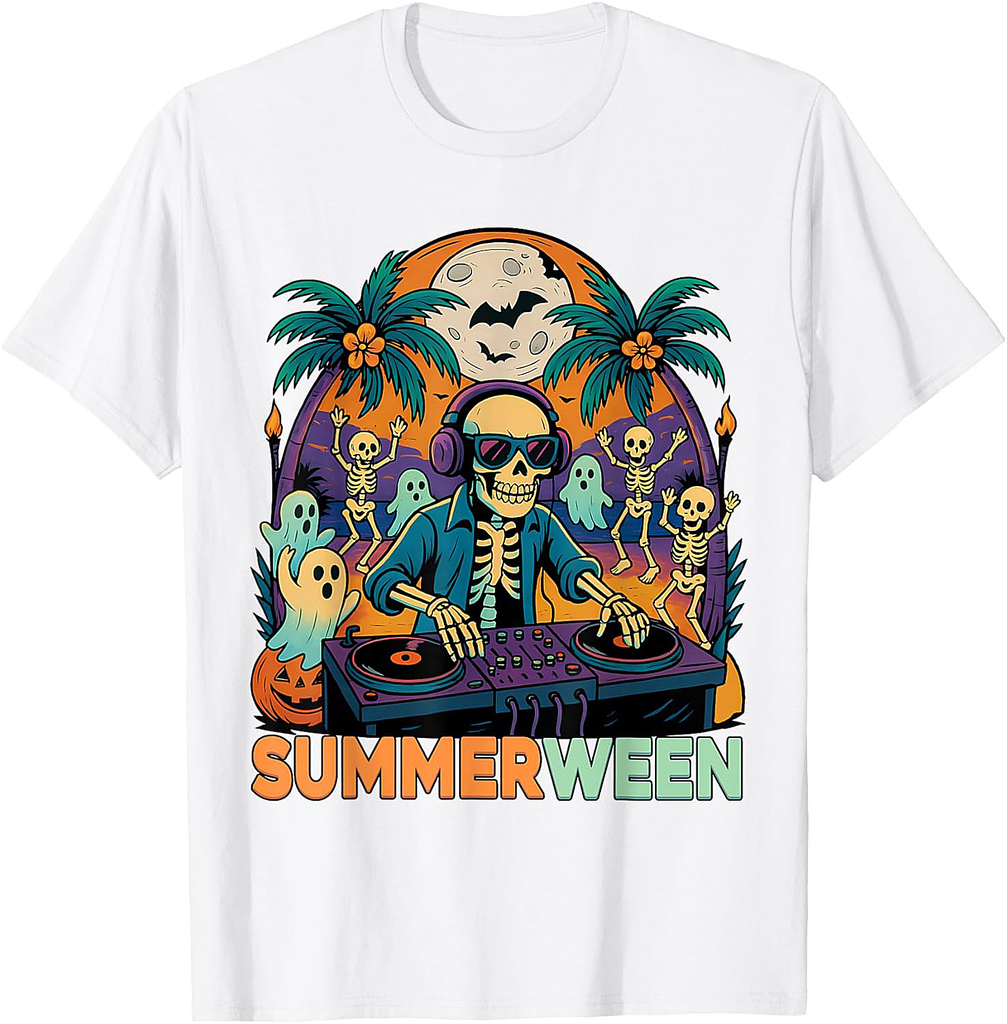 Summerween DJ Skeleton Beach Party Halloween Music Vibes T-Shirt