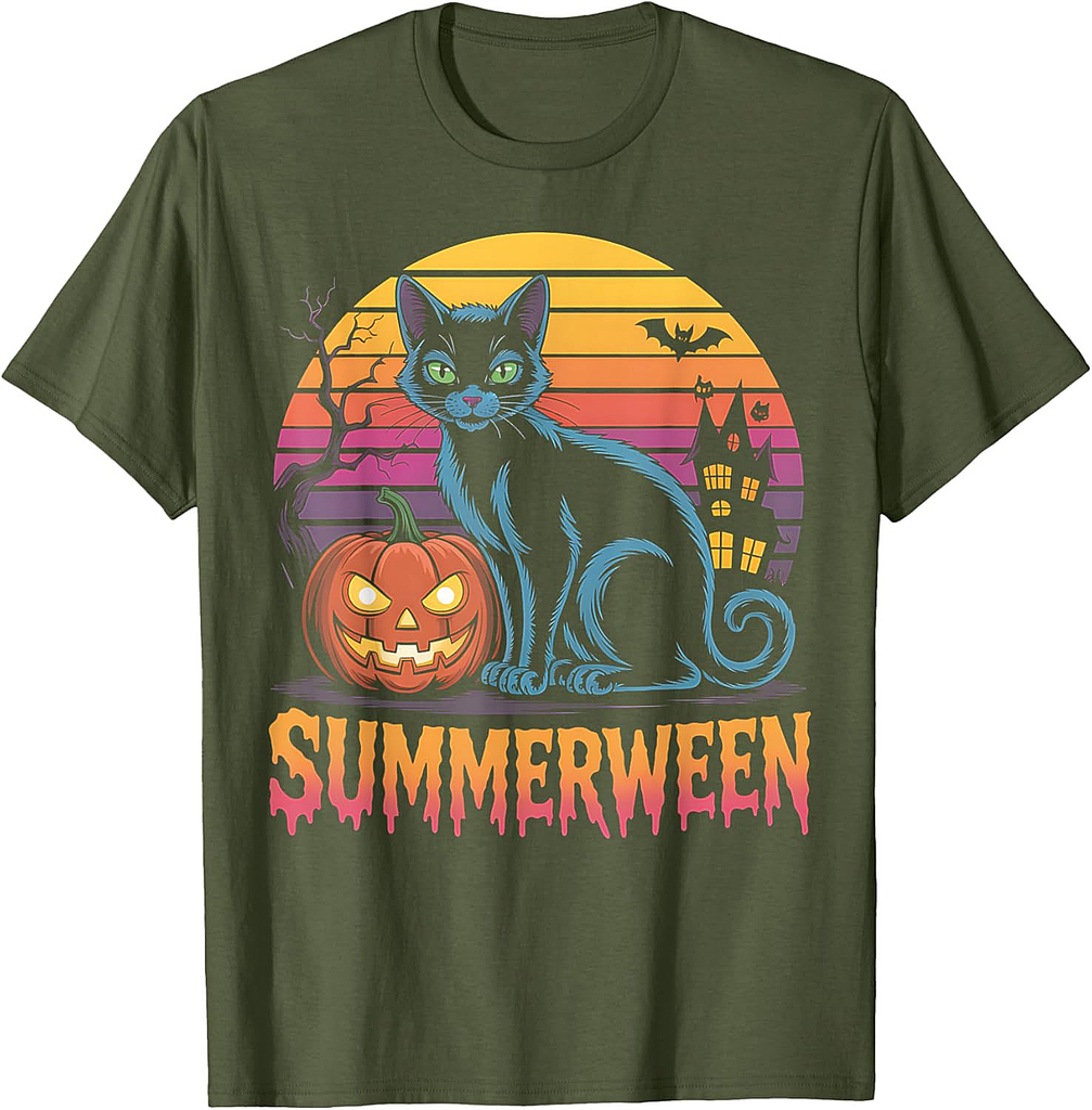Summerween Funny Halloween Cat Pumpkin Retro Sunset T-Shirt