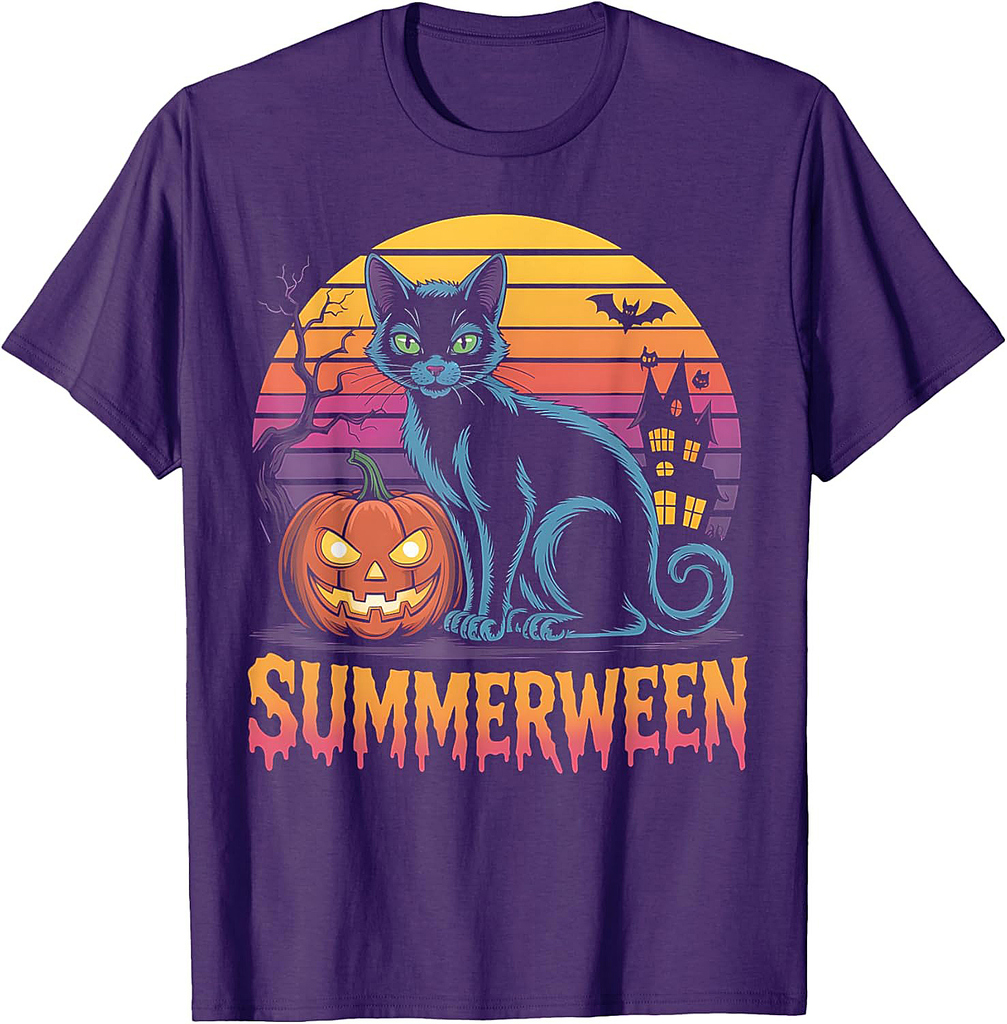 Summerween Funny Halloween Cat Pumpkin Retro Sunset T-Shirt