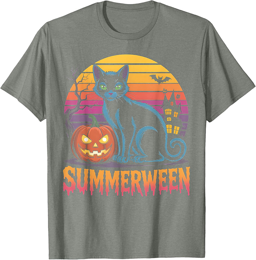 Summerween Funny Halloween Cat Pumpkin Retro Sunset T-Shirt