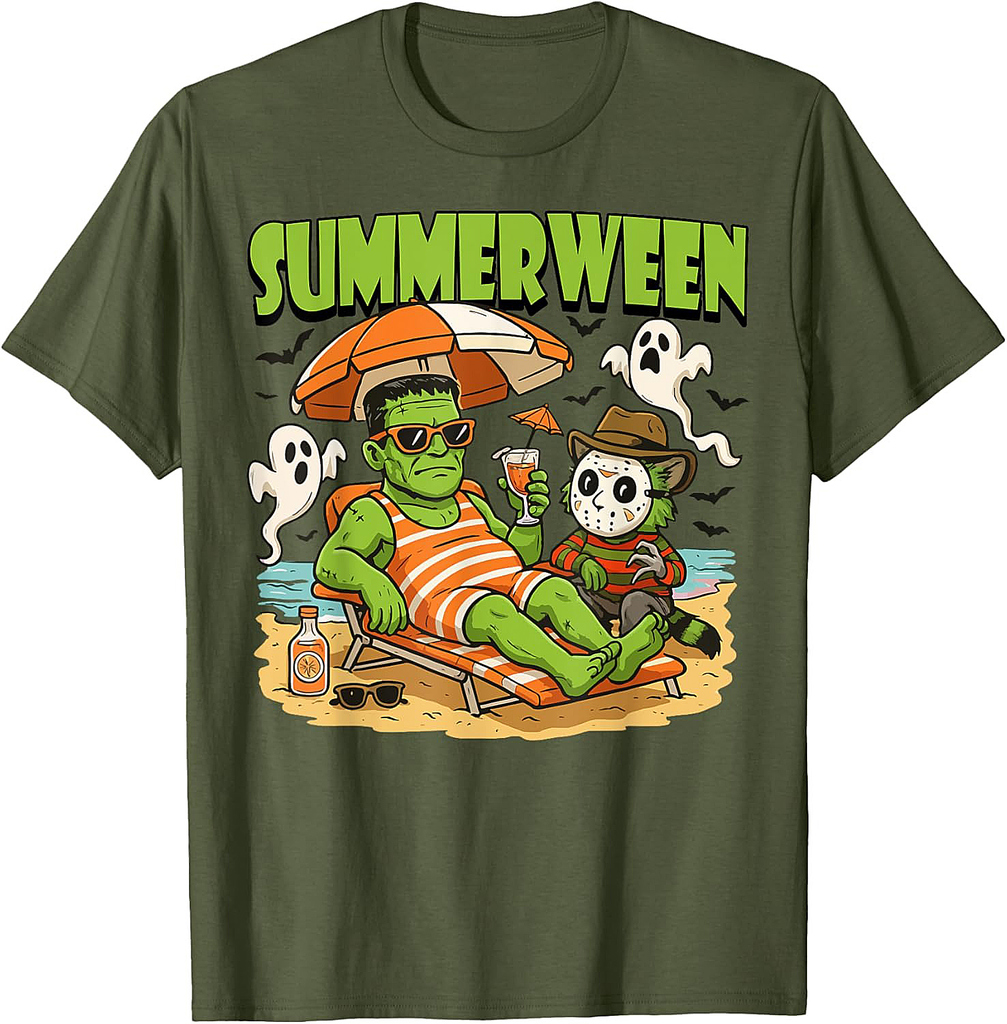 Summerween Funny Horror Characters Halloween on the Beach T-Shirt