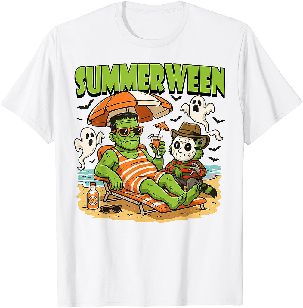 Summerween Funny Horror Characters Halloween on the Beach T-Shirt