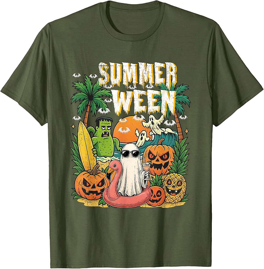 Summerween Ghost Beach Flamingo Halloween Summer T-Shirt