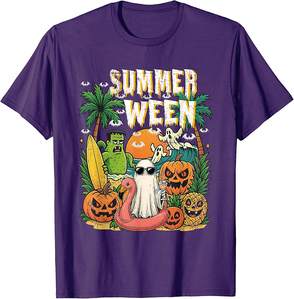 Summerween Ghost Beach Flamingo Halloween Summer T-Shirt