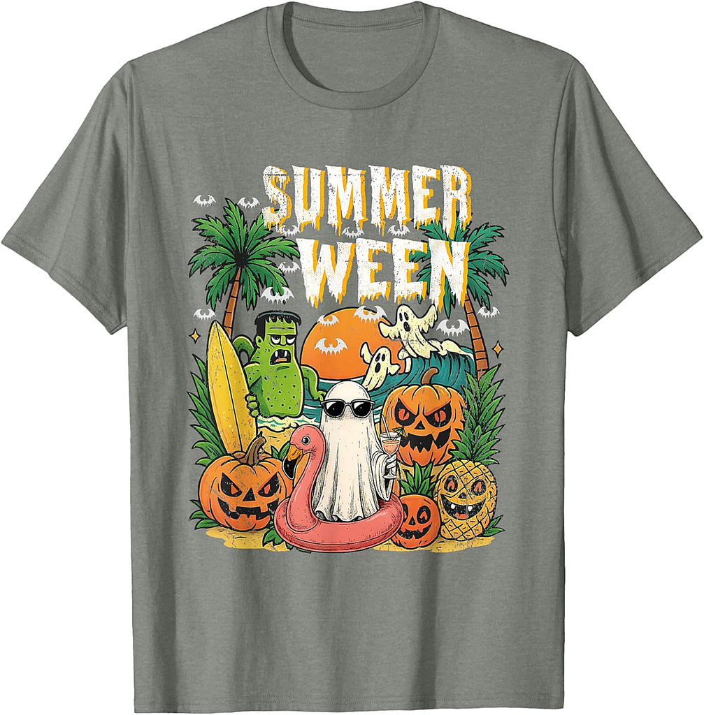 Summerween Ghost Beach Flamingo Halloween Summer T-Shirt