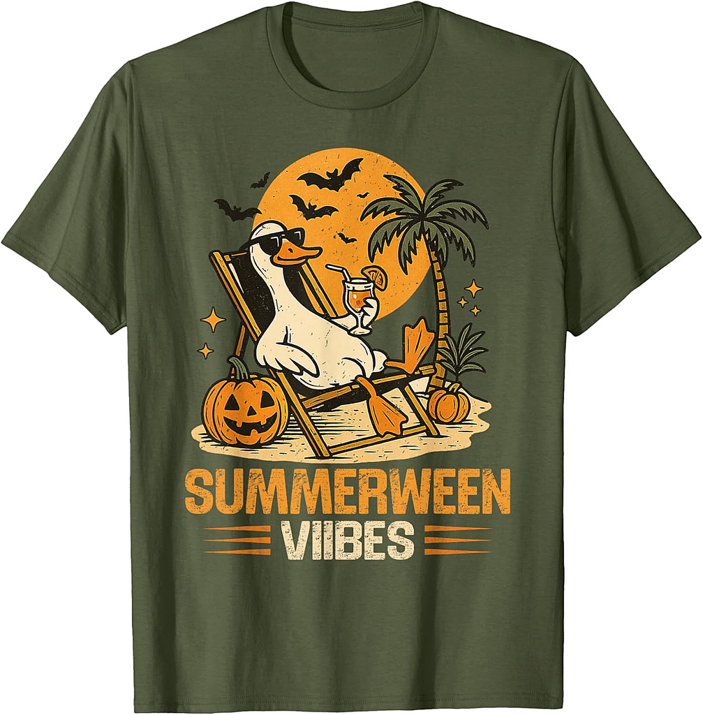 Summerween Goose Spooky Halloween Pumpkin Beach Summer Party T-Shirt