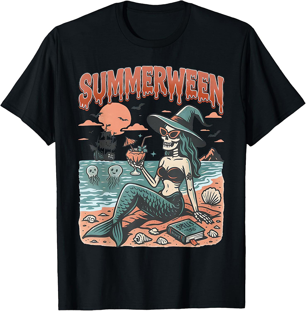 Summerween Mermaid Skeleton Beach Flamingo Halloween Girl T-Shirt