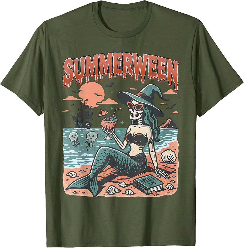 Summerween Mermaid Skeleton Beach Flamingo Halloween Girl T-Shirt
