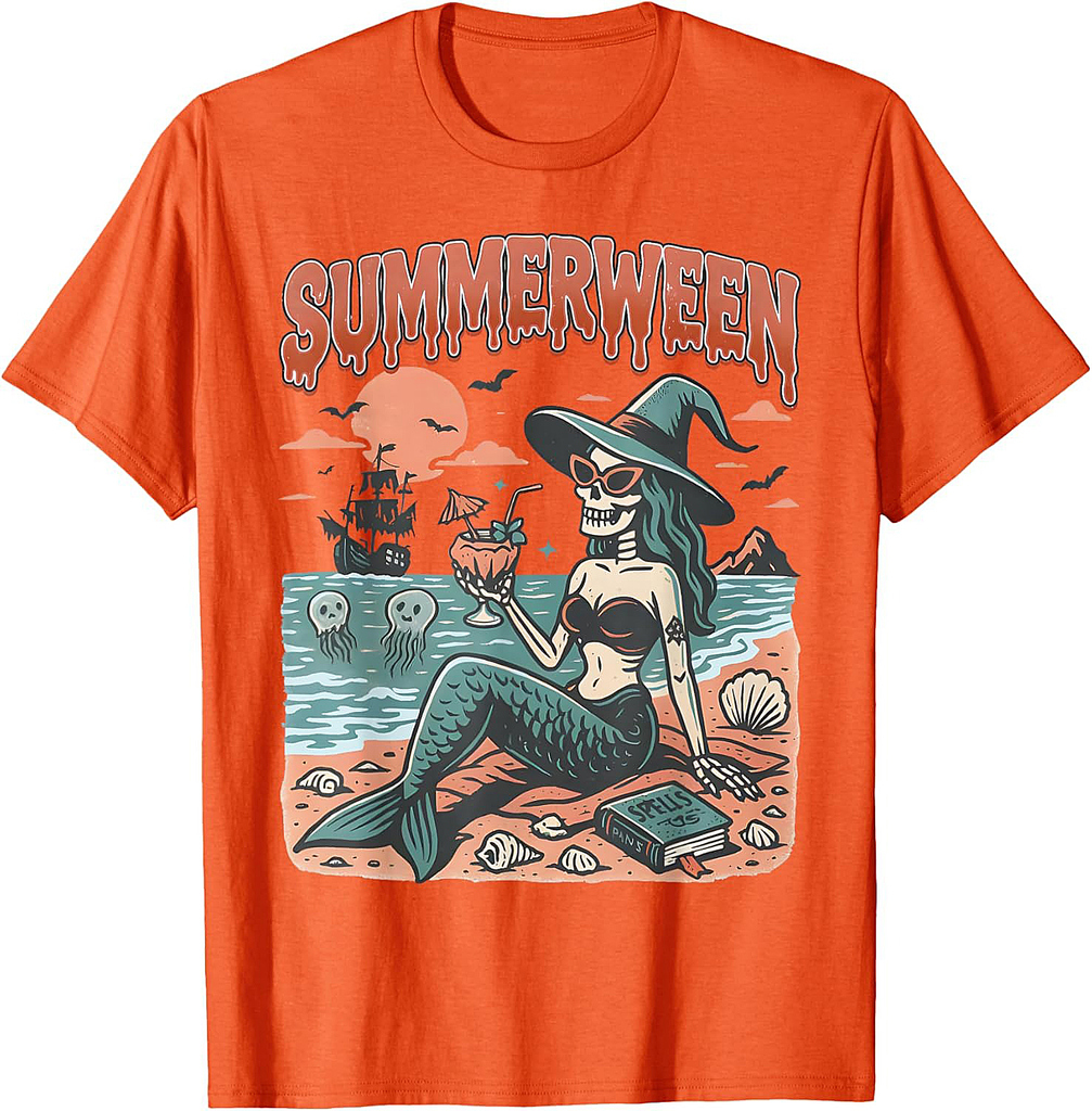 Summerween Mermaid Skeleton Beach Flamingo Halloween Girl T-Shirt