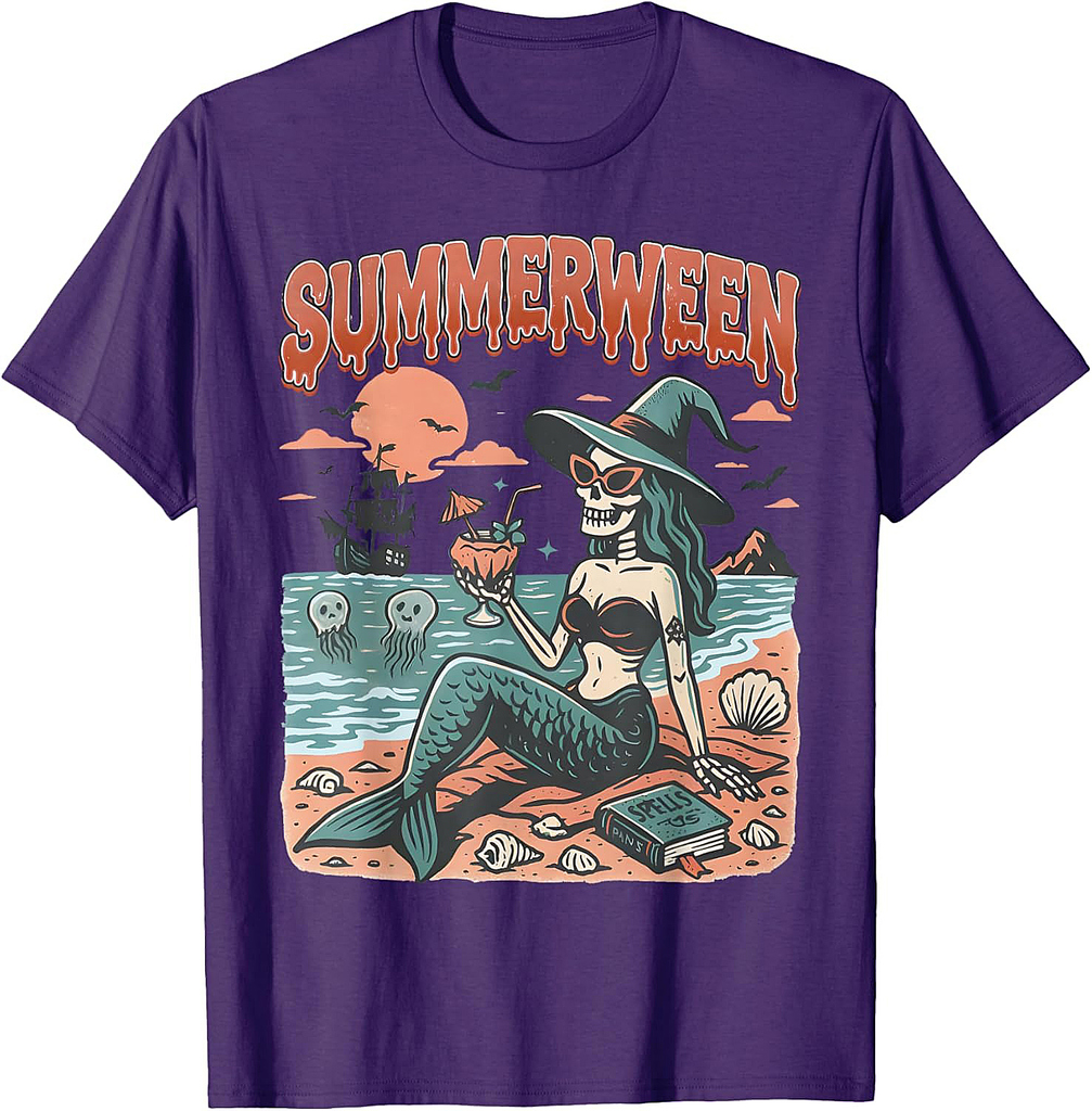 Summerween Mermaid Skeleton Beach Flamingo Halloween Girl T-Shirt