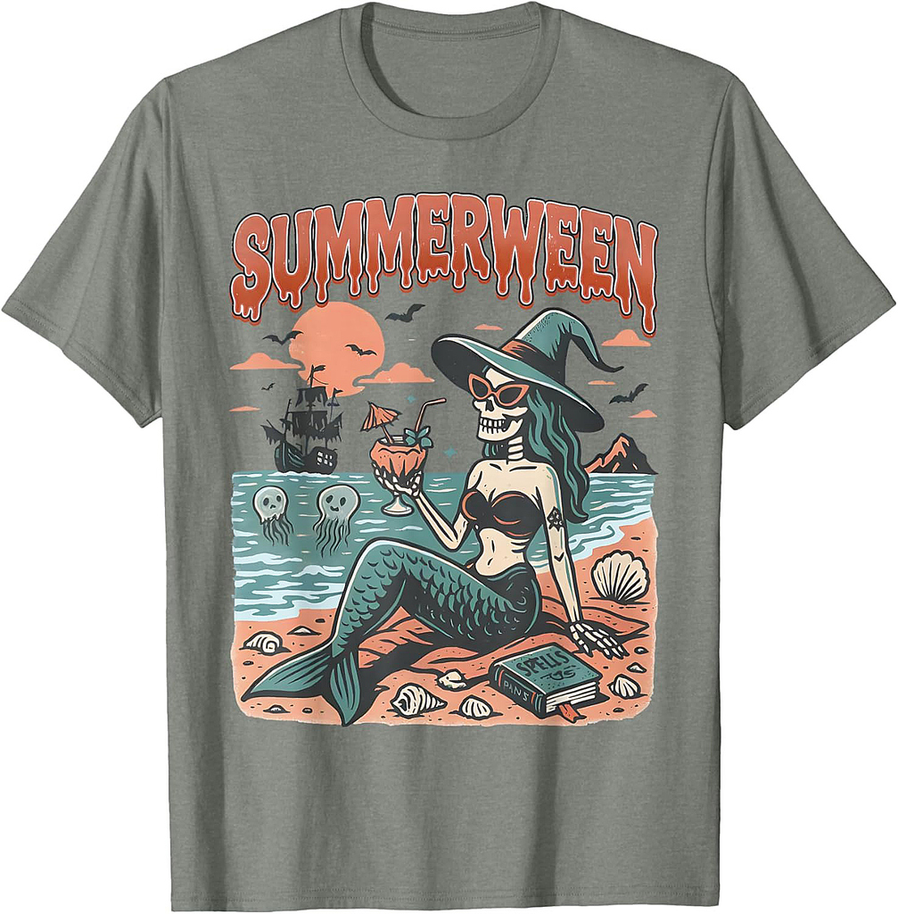 Summerween Mermaid Skeleton Beach Flamingo Halloween Girl T-Shirt