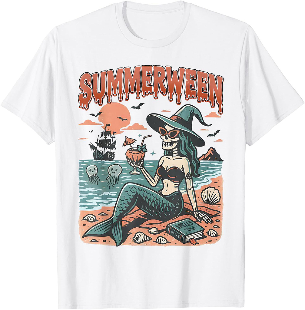 Summerween Mermaid Skeleton Beach Flamingo Halloween Girl T-Shirt