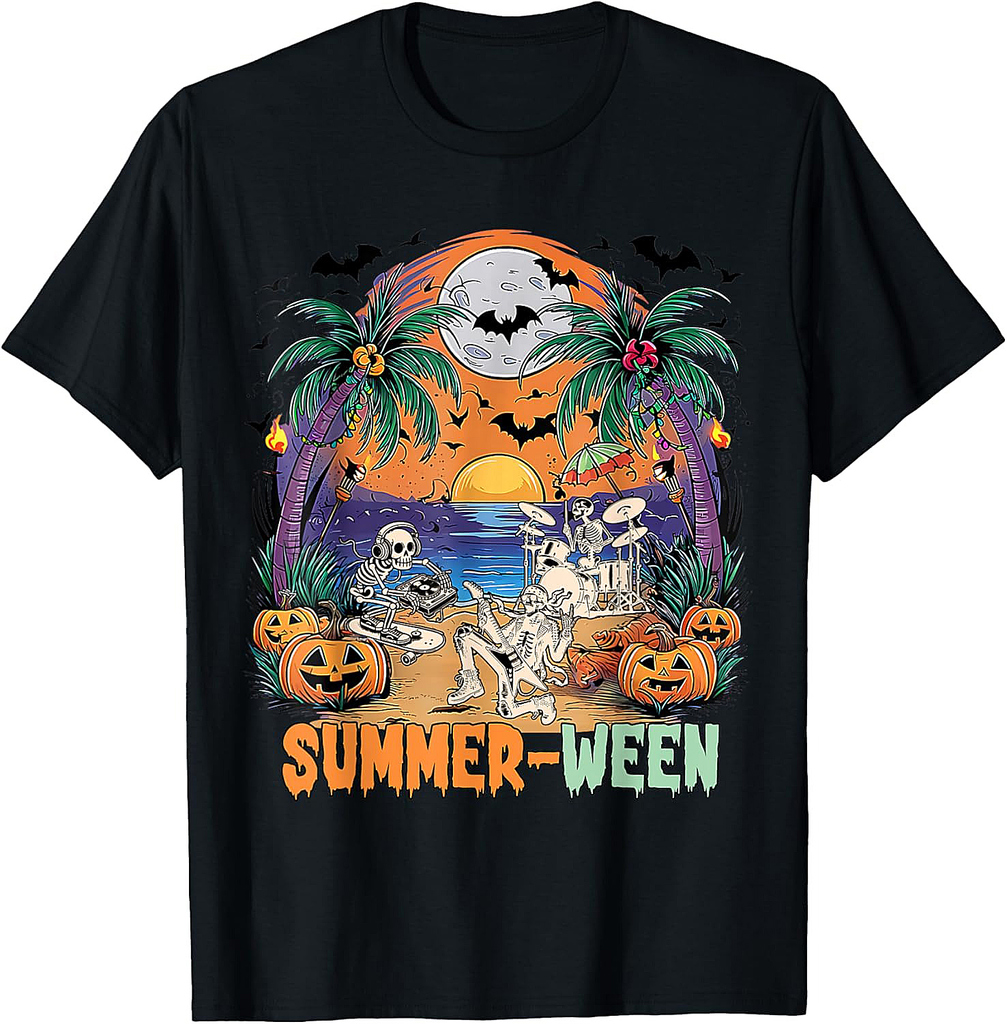 Summerween Skeleton Beach Rock Band Party Halloween Vibes T-Shirt