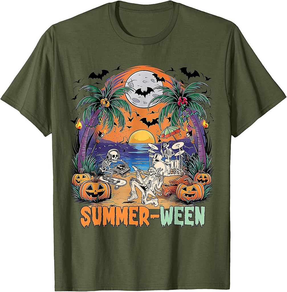 Summerween Skeleton Beach Rock Band Party Halloween Vibes T-Shirt