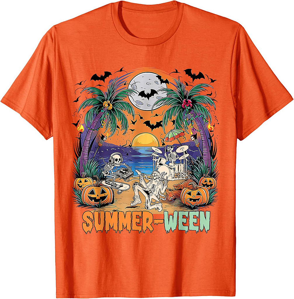 Summerween Skeleton Beach Rock Band Party Halloween Vibes T-Shirt