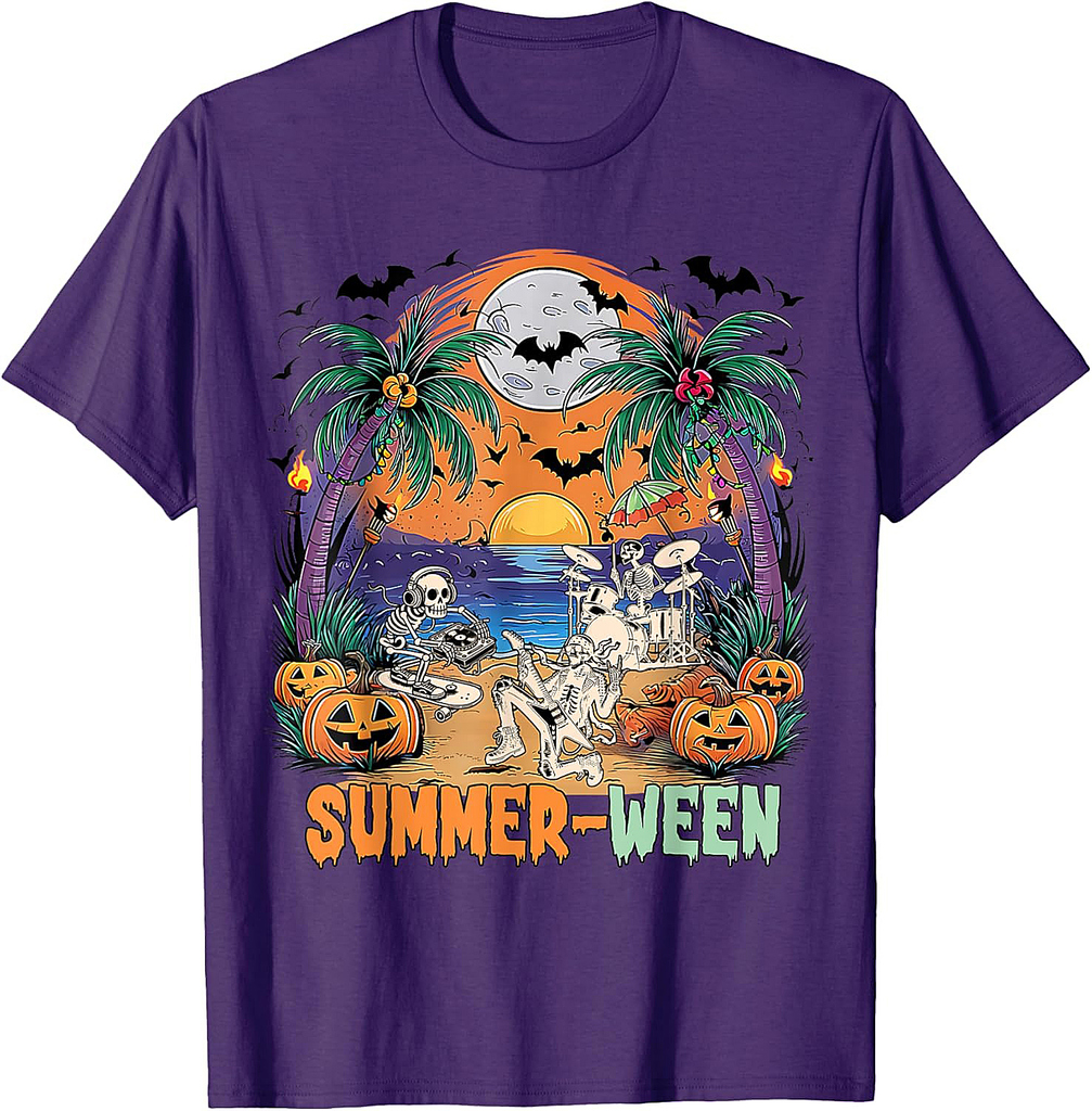 Summerween Skeleton Beach Rock Band Party Halloween Vibes T-Shirt
