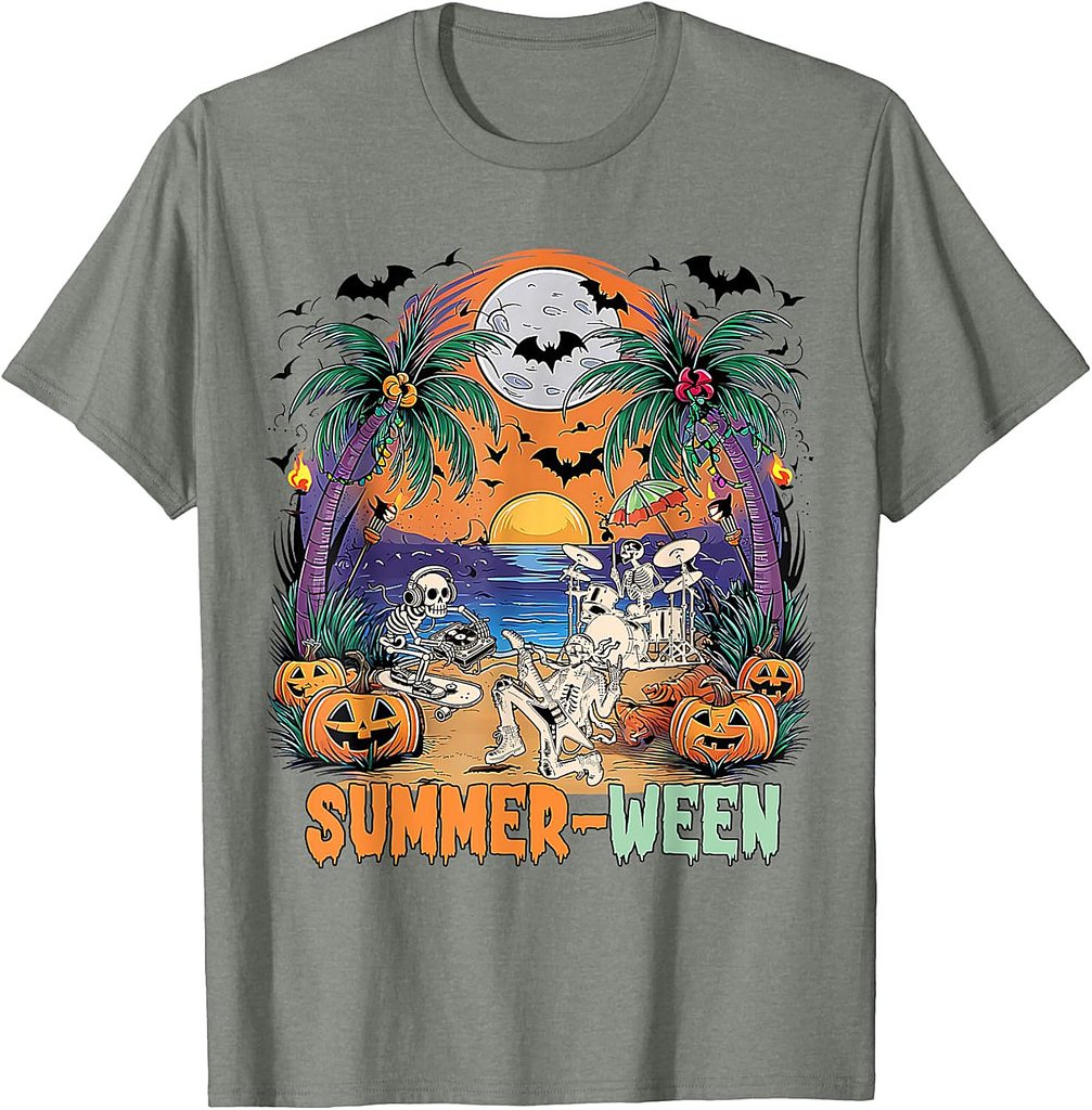 Summerween Skeleton Beach Rock Band Party Halloween Vibes T-Shirt