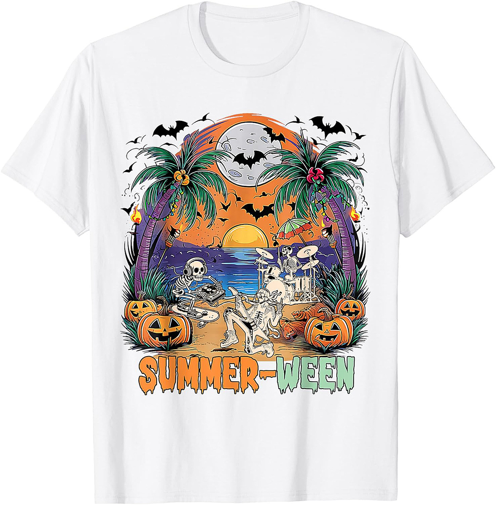 Summerween Skeleton Beach Rock Band Party Halloween Vibes T-Shirt